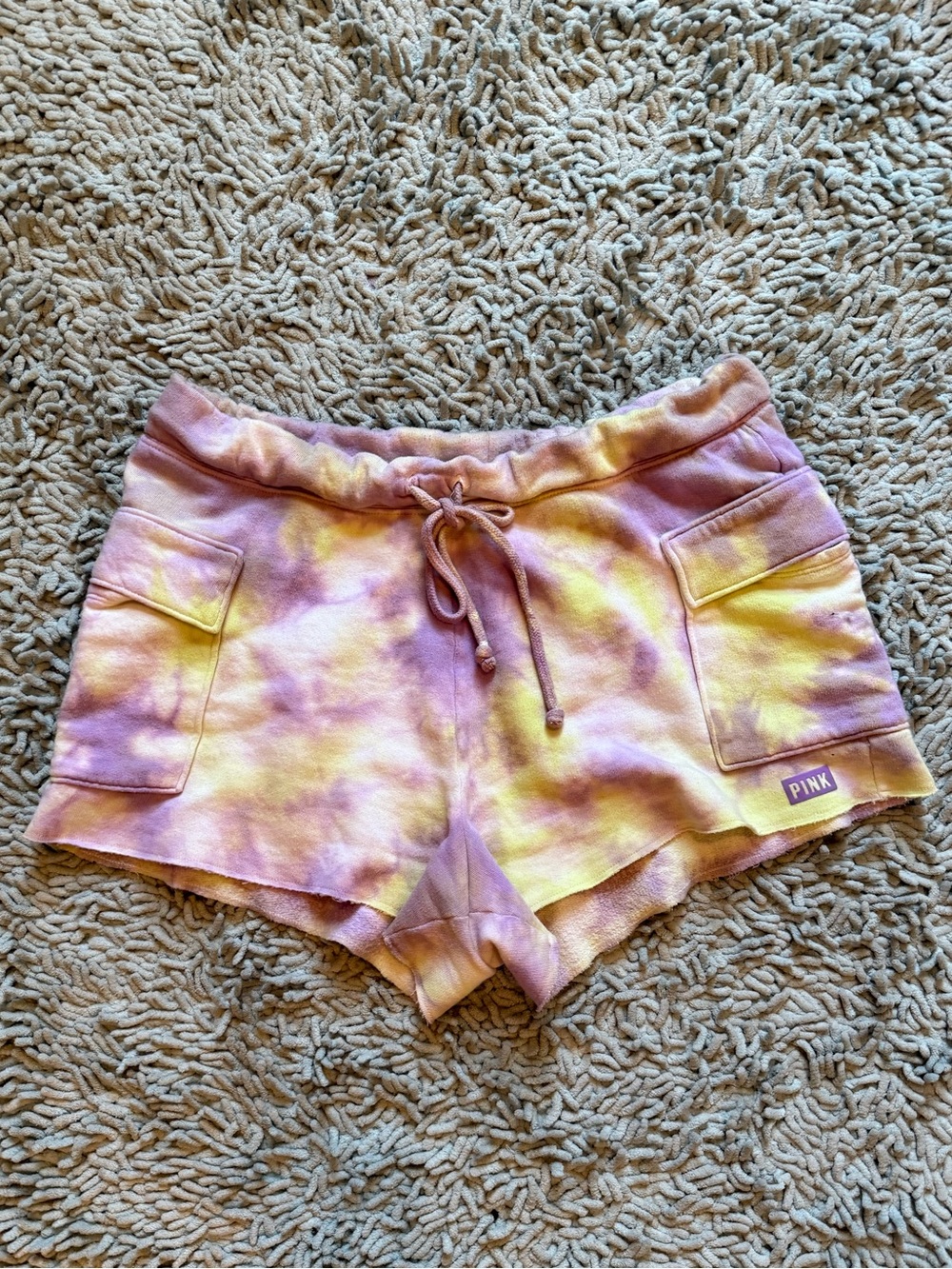 PINK Victoria's Secret Tie-Dye Cotton Drawstring Shorts - Pink/Yellow Medium